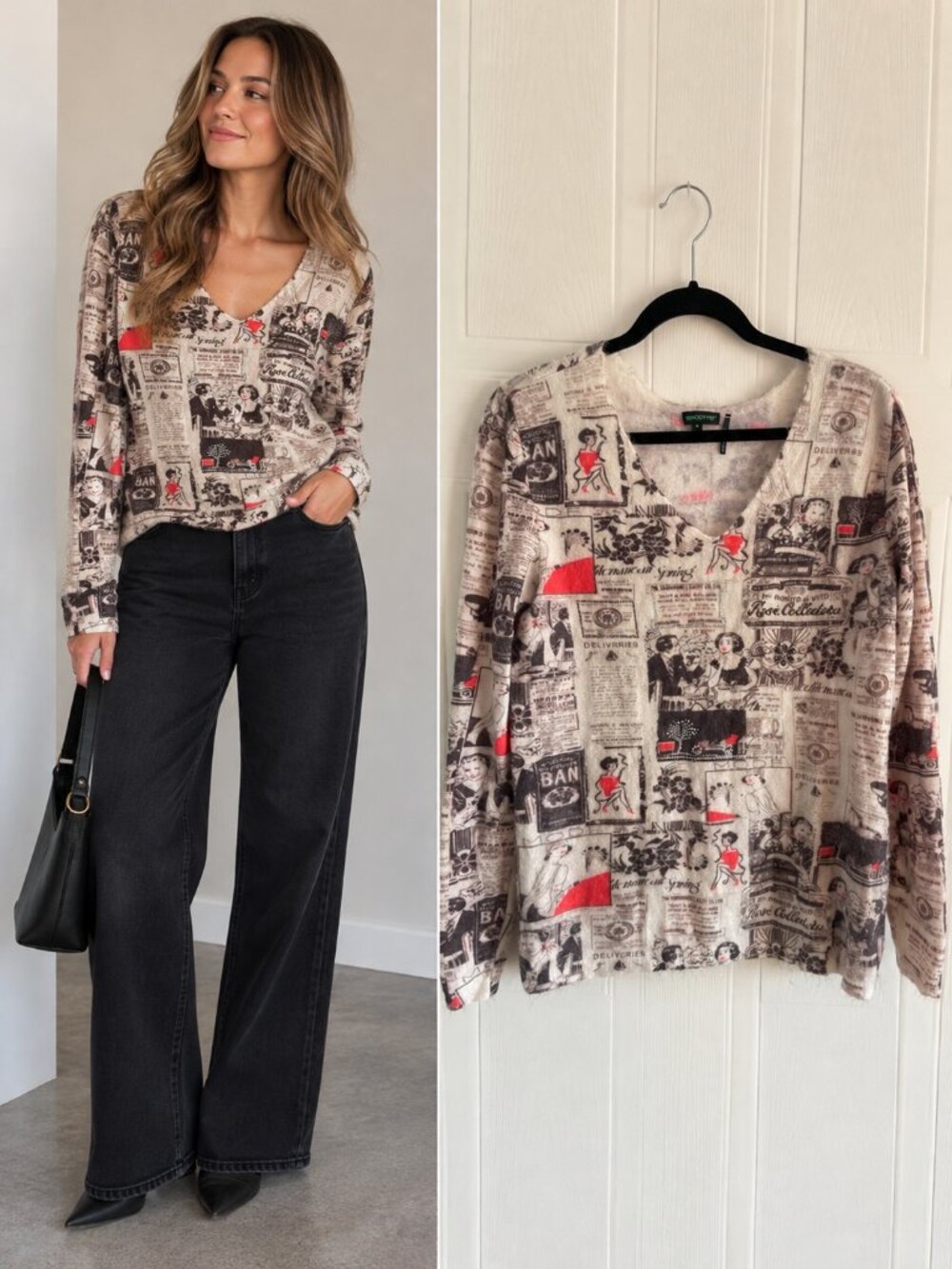 Tricotto Beige Black Red Newspaper Print V Neck Knit Sweater Maximalist M